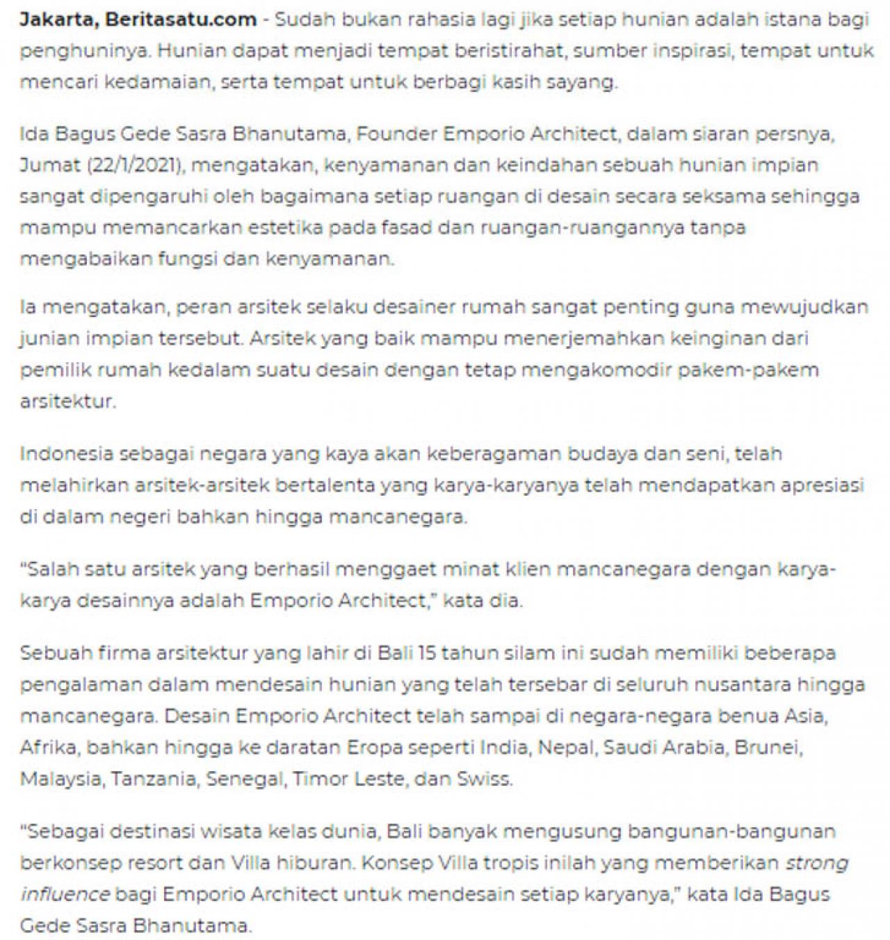Ulasan Media BERITASATU.com - Emporio Architect, Arsitek Anak Bangsa yang berhasil Tembus Pasar Internasional 1 1