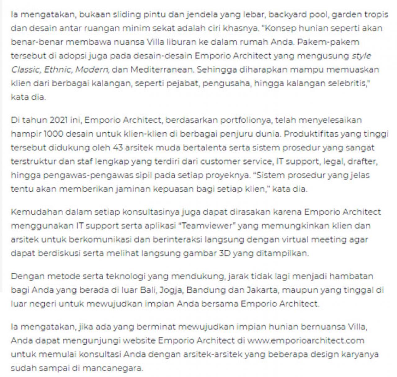Ulasan Media BERITASATU.com - Emporio Architect, Arsitek Anak Bangsa yang berhasil Tembus Pasar Internasional 2 2