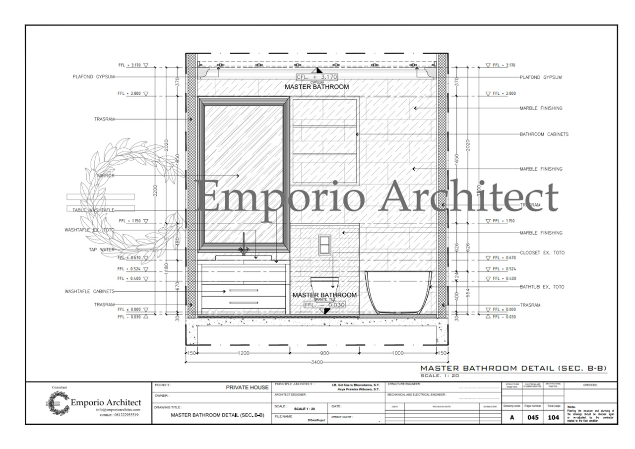 Detail Kamar Mandi Utama (dengan potongan A-A, B-B, C-C, D-D)