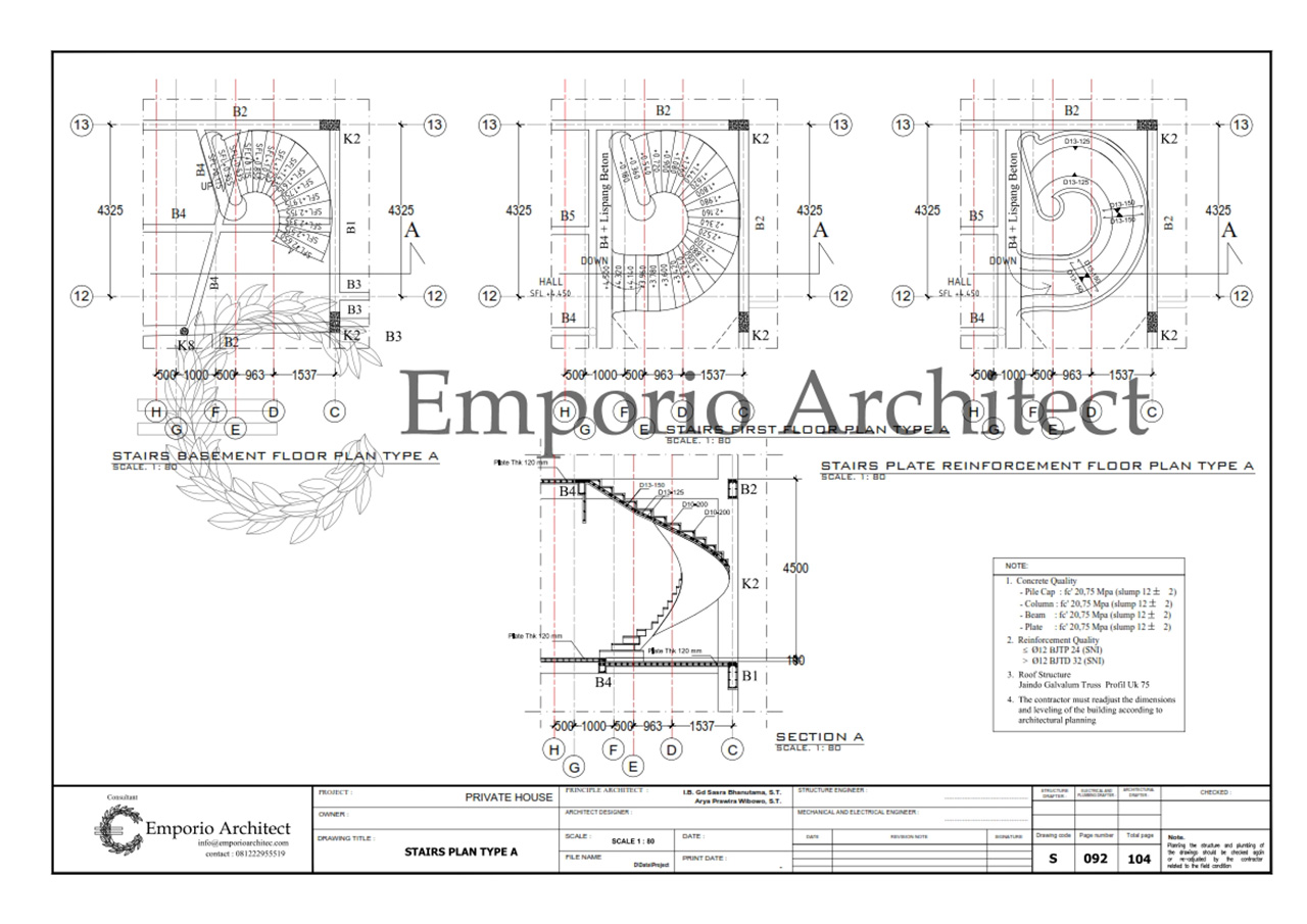 Denah, Potongan dan Pembesian Struktur Tangga