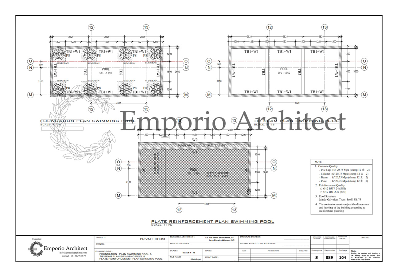 Denah, Potongan dan Pembesian Struktur Kolam Renang