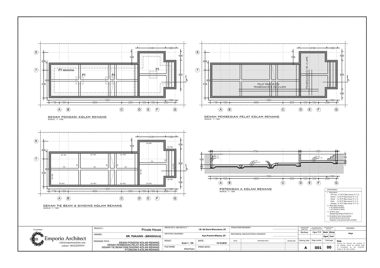 Denah, Potongan dan Pembesian Struktur Kolam Renang
