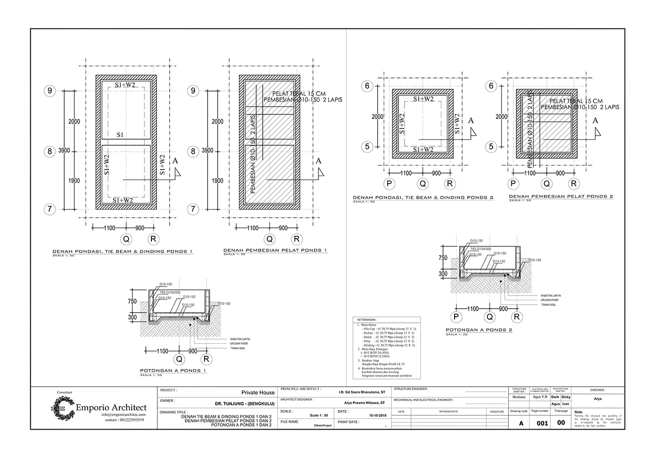 Denah, Potongan dan Pembesian Struktur Kolam Ponds