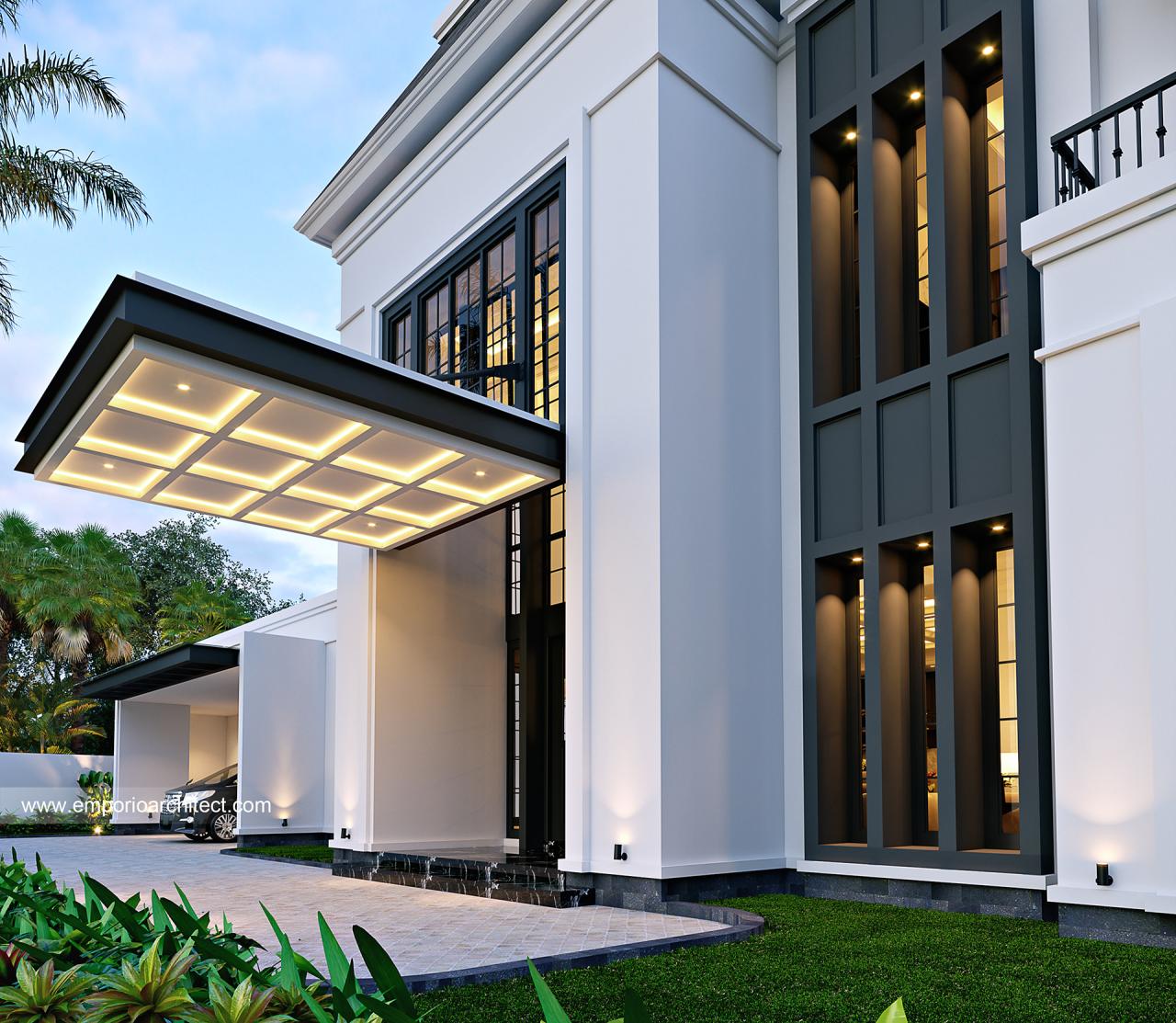 Desain Tampak Detail Depan Rumah Klasik 2 Lantai Bapak SYD di Cinere