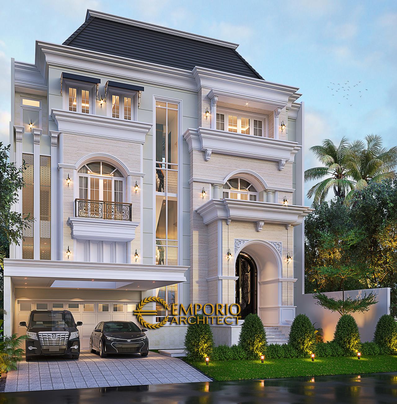 Desain Tampak Depan Tanpa Pagar 2 Rumah Klasik 3.5 Lantai Ibu Leni di Jakarta 2