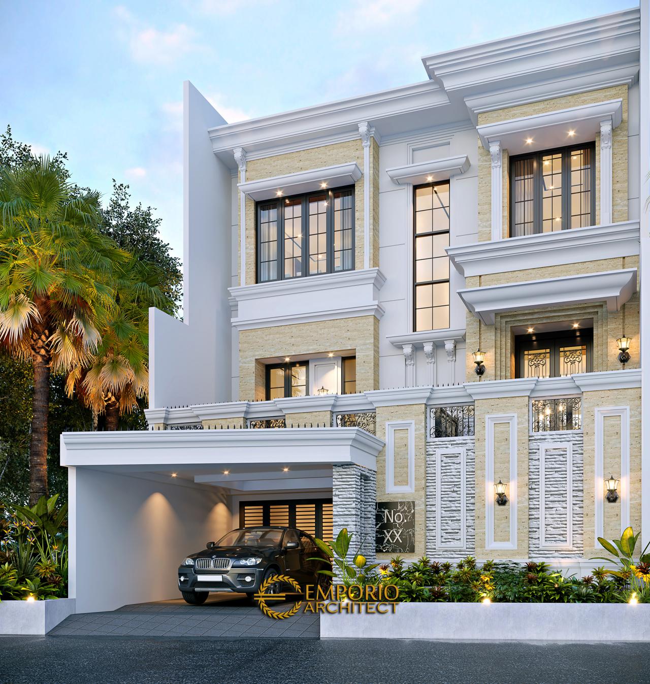 Desain Tampak Depan 2 Rumah Klasik 3.5 Lantai Bapak Yanto di Jakarta 2