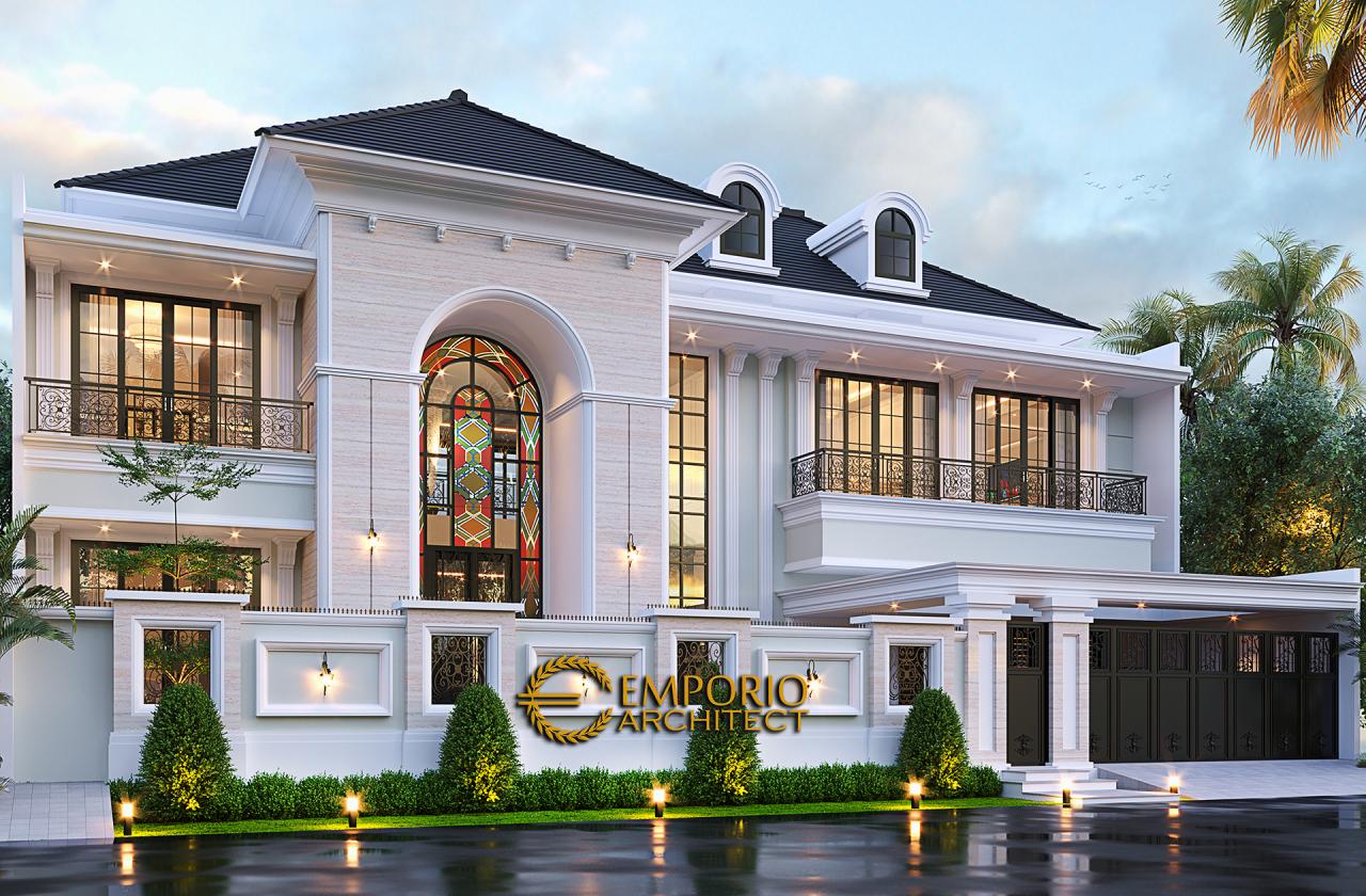 Desain Tampak Depan Dengan Pagar Rumah Klasik Mediteran 2 Lantai Bapak Martua Sinaga di Jakarta 3