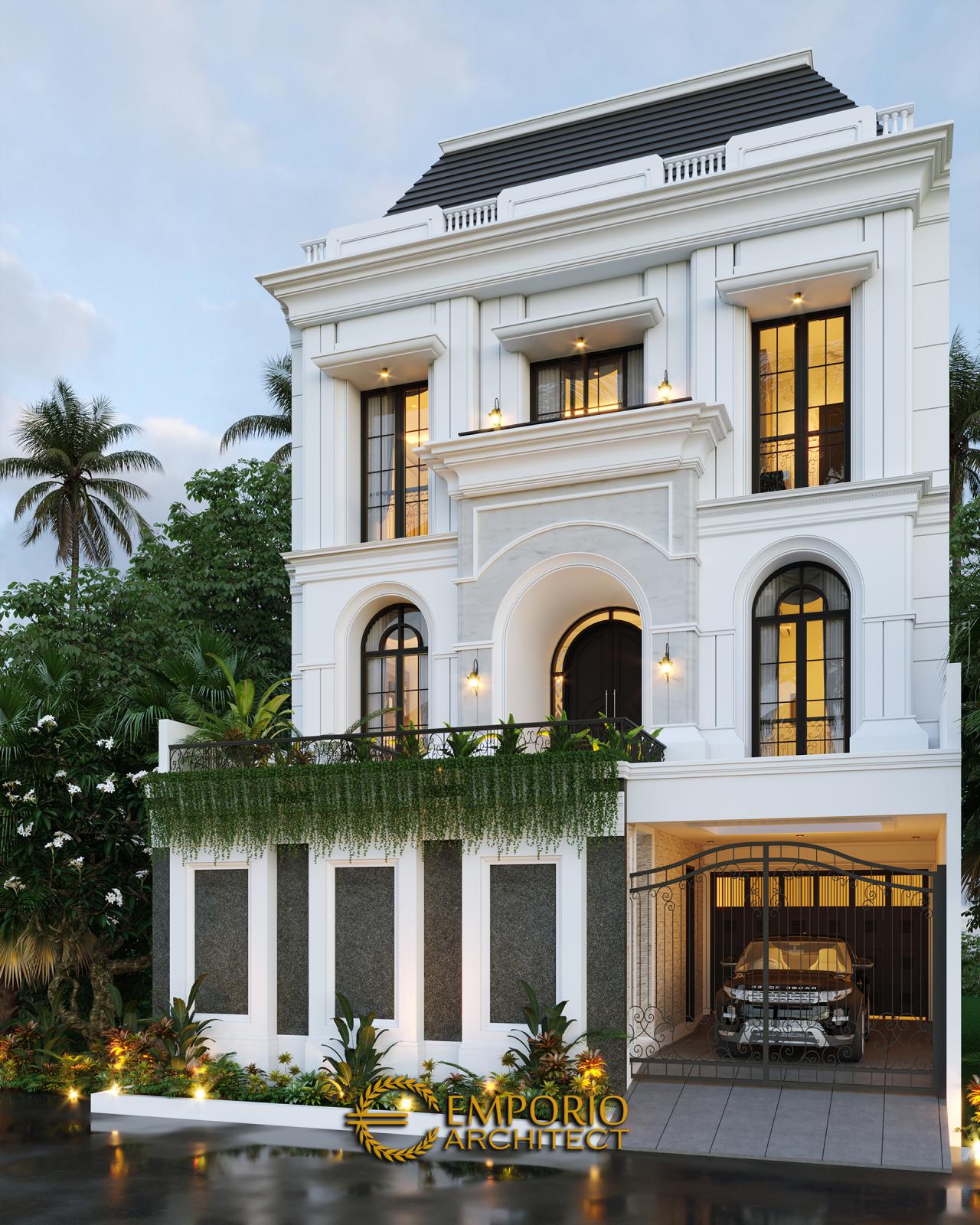 Desain Rumah Mediteran 3 Lantai Ibu Febriana di Jakarta - Tampak Depan 1