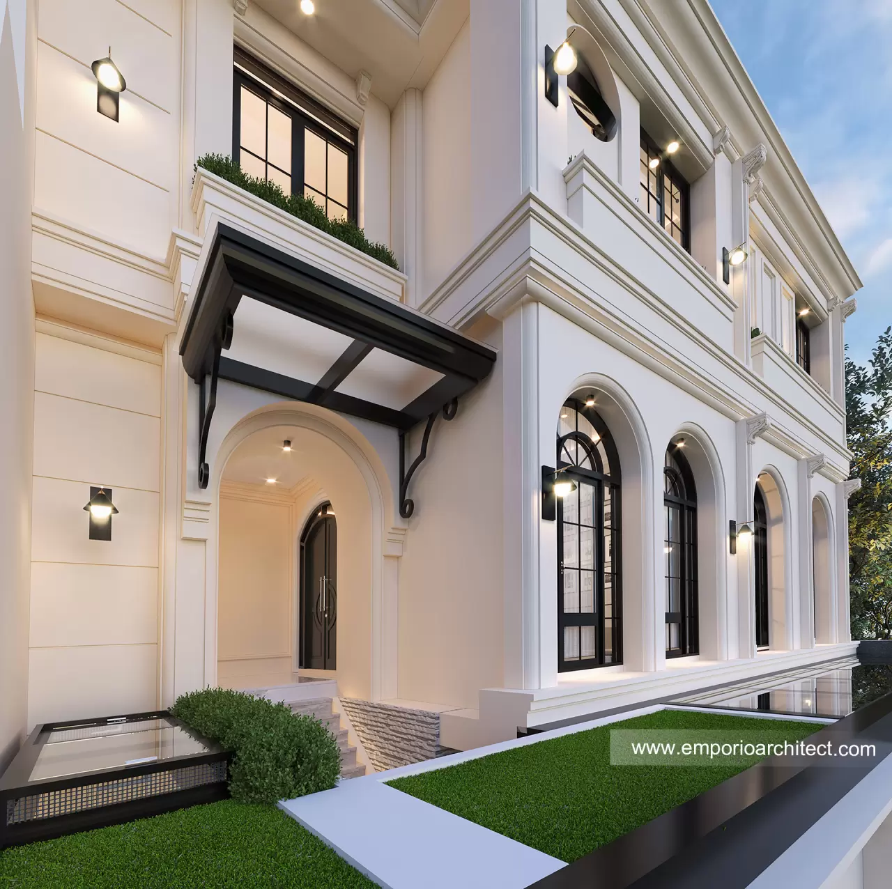 Desain Tampak Detail Depan Rumah Mediteran 3 Lantai Ibu Adiezty di Bekasi, Jawa Barat 13946