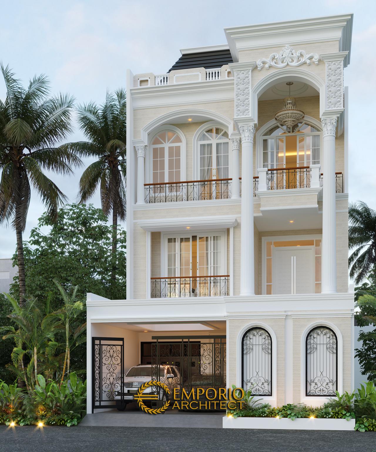 Desain Tampak Depan Rumah Mediteran 3 Lantai Bapak Aman di Jakarta Barat 1