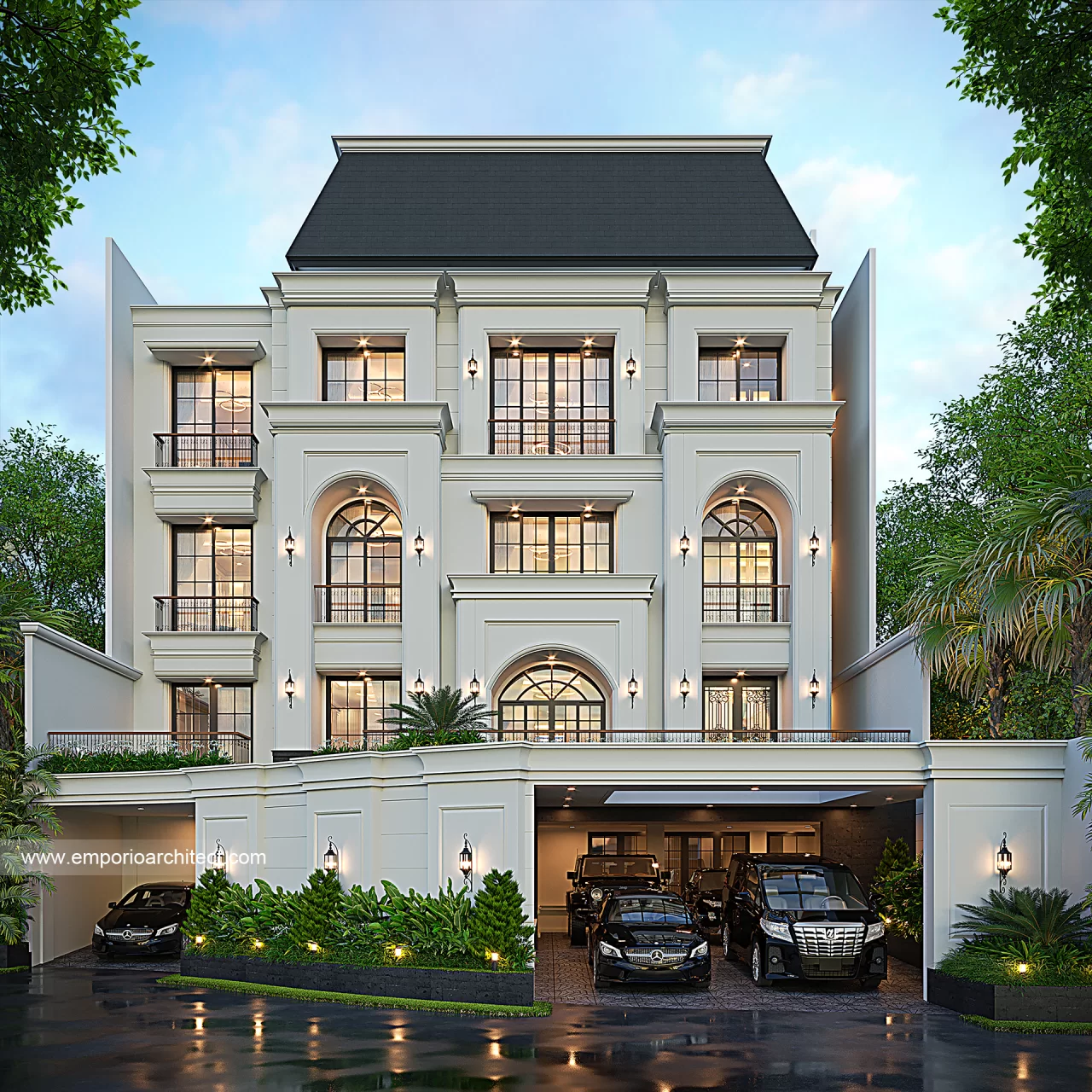 Desain Tampak Depan Rumah Mediteran Klasik 4 Lantai Ibu JSC di PIK, Jakarta Utara 46131