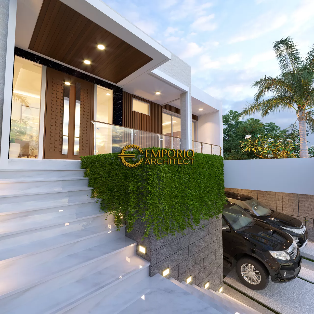 Desain Tampak Detail Depan Rumah Modern 2.5 Lantai Bapak Aris di Bandung, Jawa Barat 17248