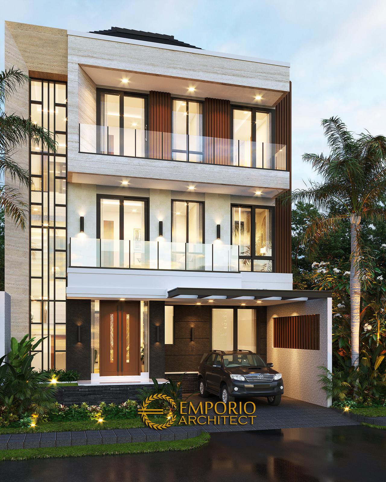Desain Tampak Depan Tanpa Pagar 2 Rumah Modern 3 Lantai Ibu Swan di Surabaya 2