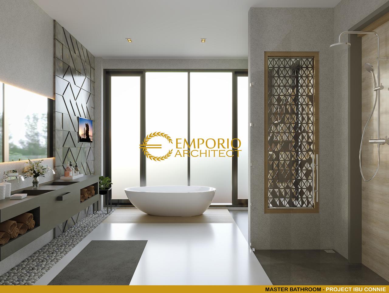 Desain Kamar Mandi Utama Rumah Modern 3 Lantai Ibu Connie di Bogor, Jawa Barat 12