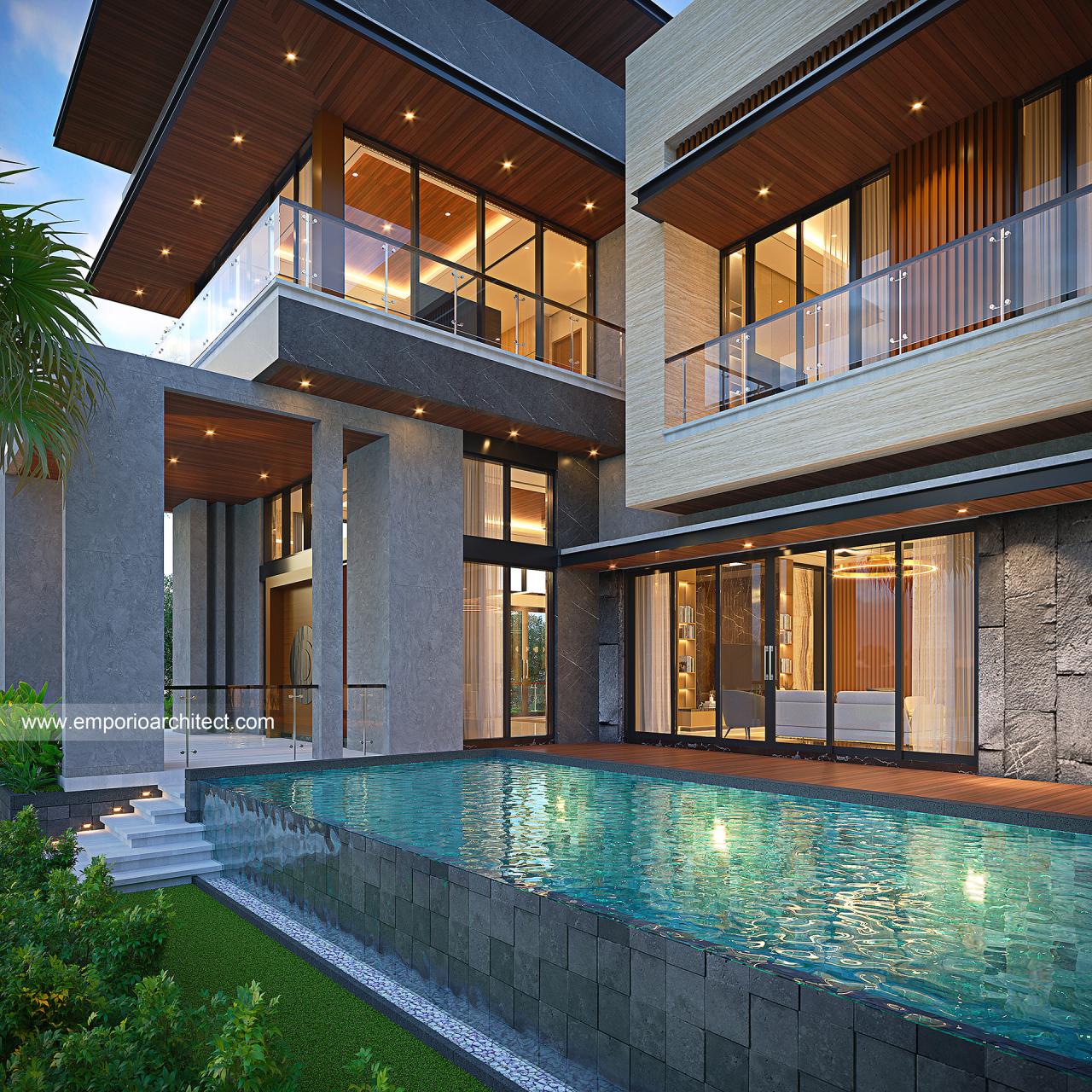 Desain Tampak Detail Kolam Rumah Modern 3.5 Lantai Bapak ATN di