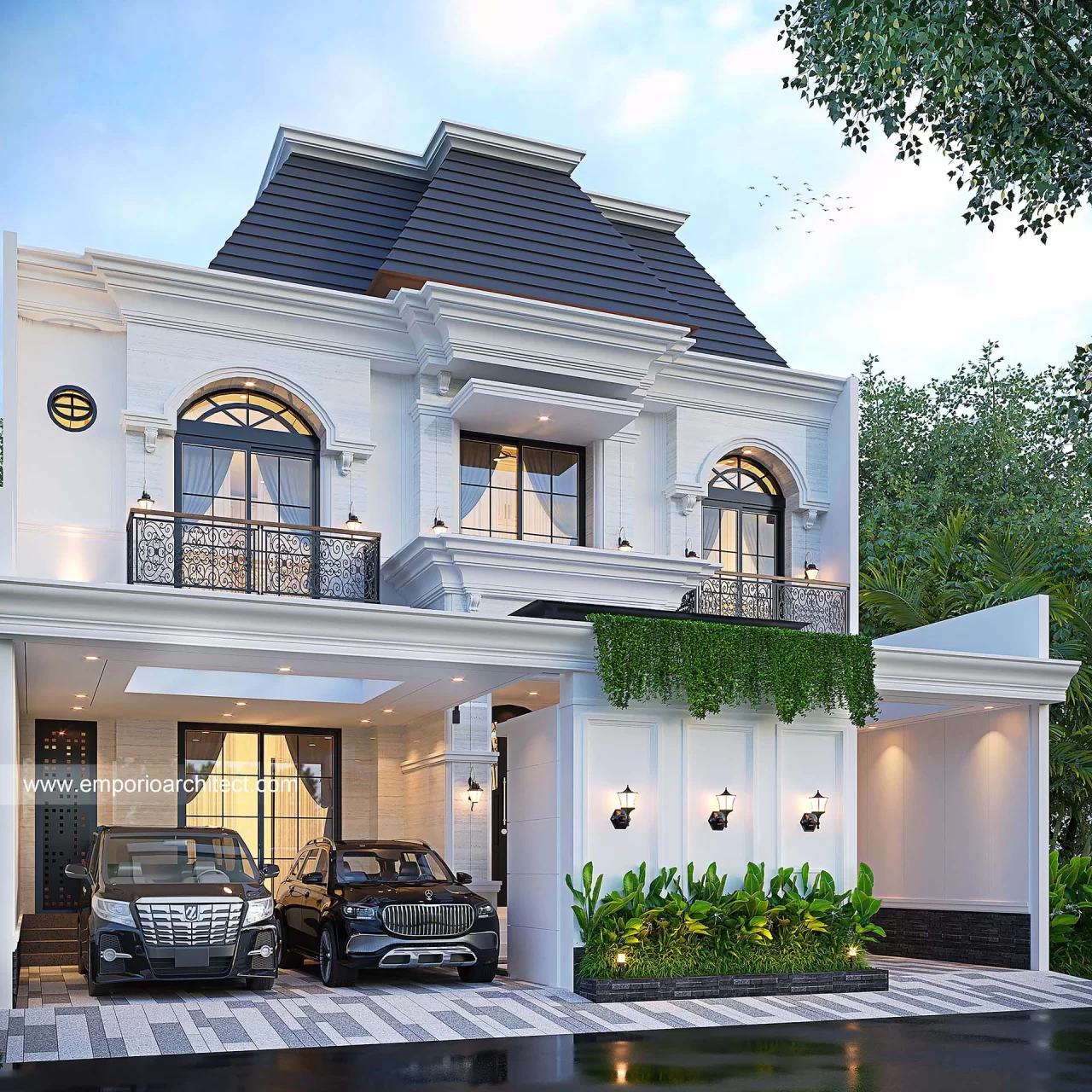 Desain Tampak Depan Dengan Pagar Rumah Klasik Modern 3 Lantai Bapak RFK di Yogyakarta 37392