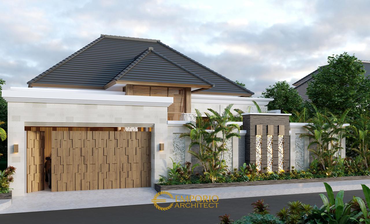 Desain Tampak Depan Dengan Pagar Rumah Villa Bali 1.5 Lantai Bapak Baihaqi di Aceh 2