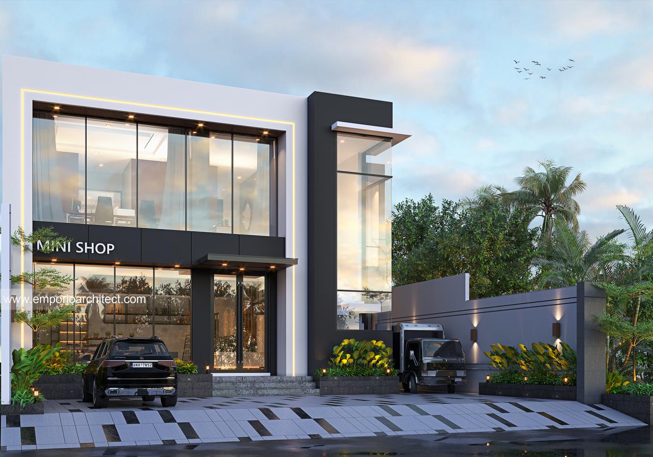 Desain Tampak Depan 2 Toko dan Kantor Modern 2 Lantai Bapak GLN di Buli