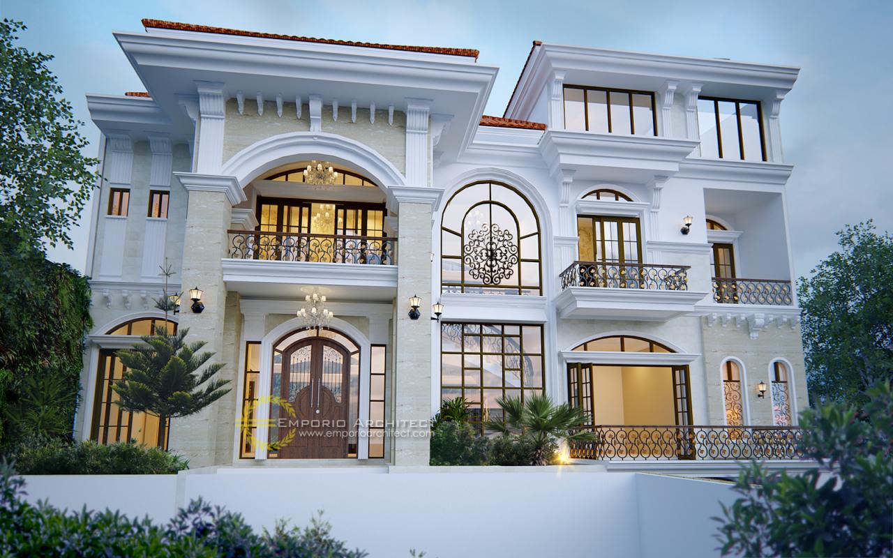 Desain Tampak Depan Rumah Mediteran 3 Lantai Bapak Sanjay di Pejaten, Jakarta Selatan 1