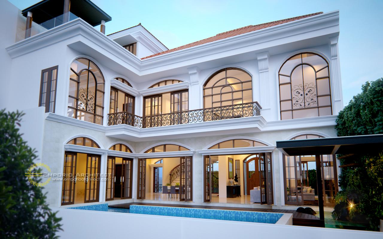 Desain Tampak Belakang Rumah Mediteran 3 Lantai Bapak Sanjay di Pejaten, Jakarta Selatan 2