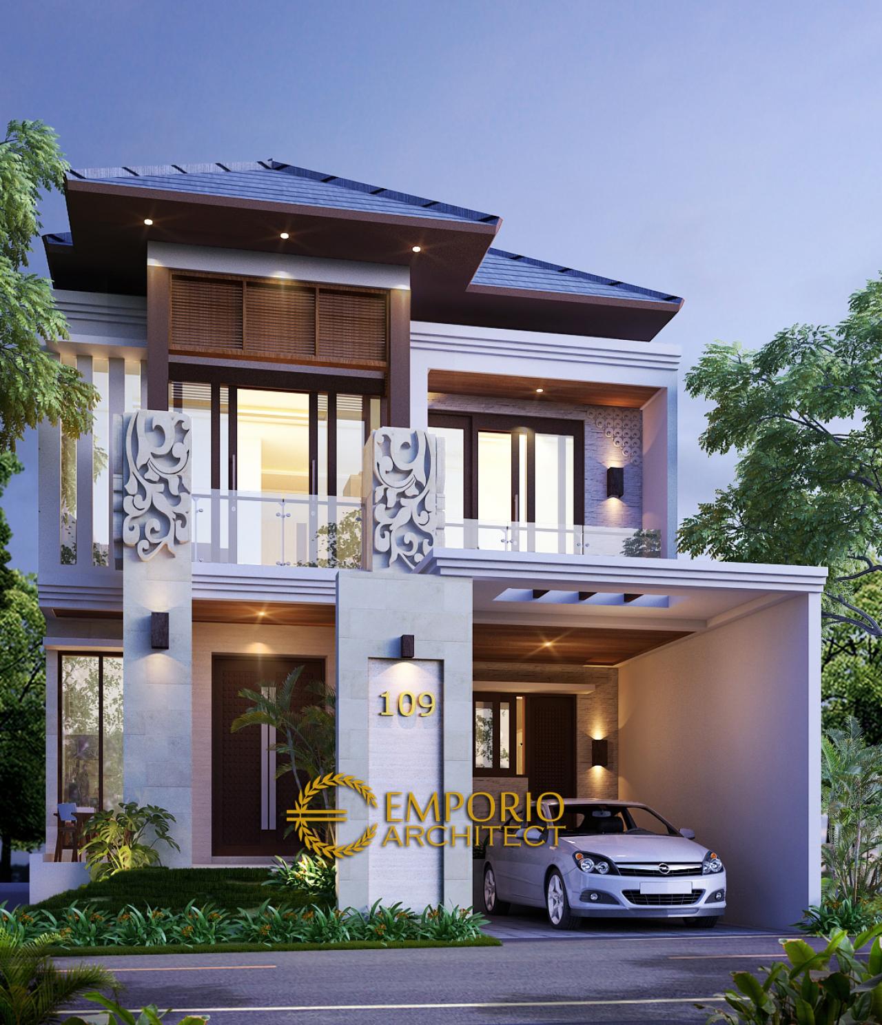 Desain Tampak Depan Rumah Villa Bali 2 Lantai Bapak Visnu di Cibubur, Jakarta Timur 1