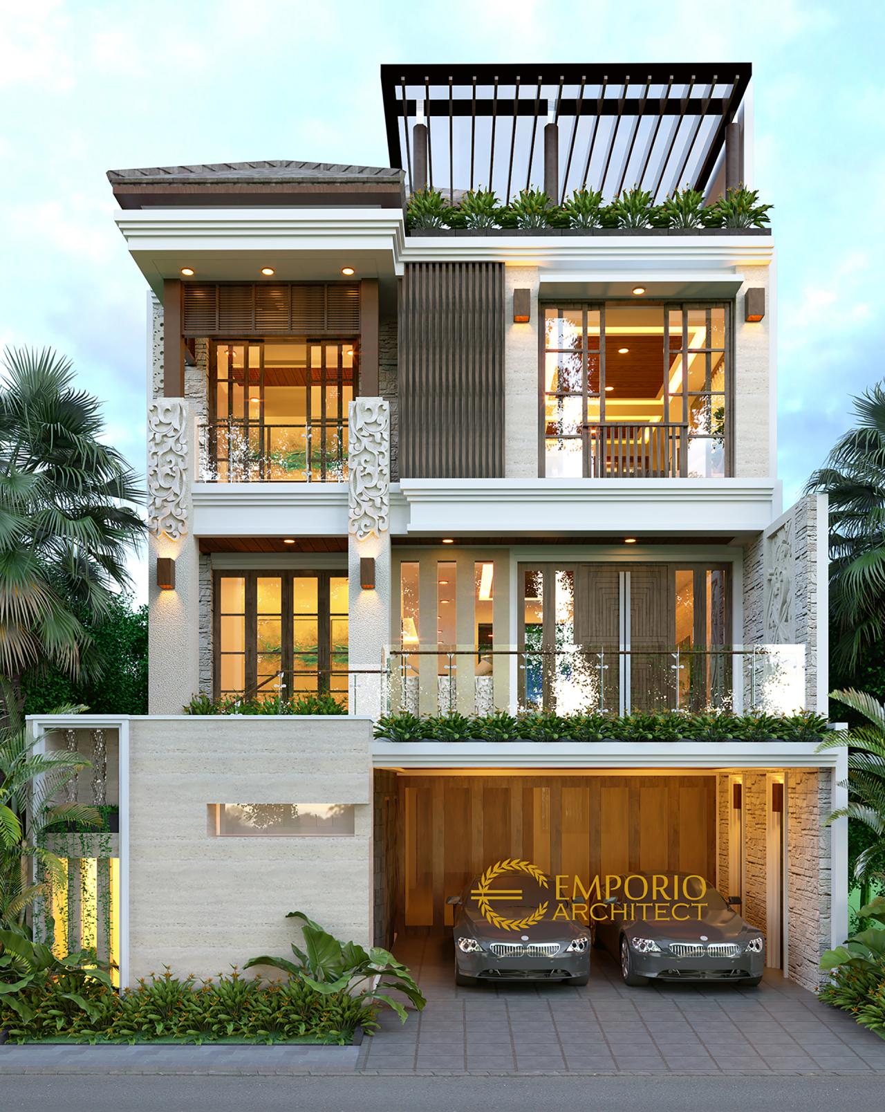 Desain Tampak Depan Rumah Villa Bali 3 Lantai Ibu dan Bapak Rifki di Jakarta 1