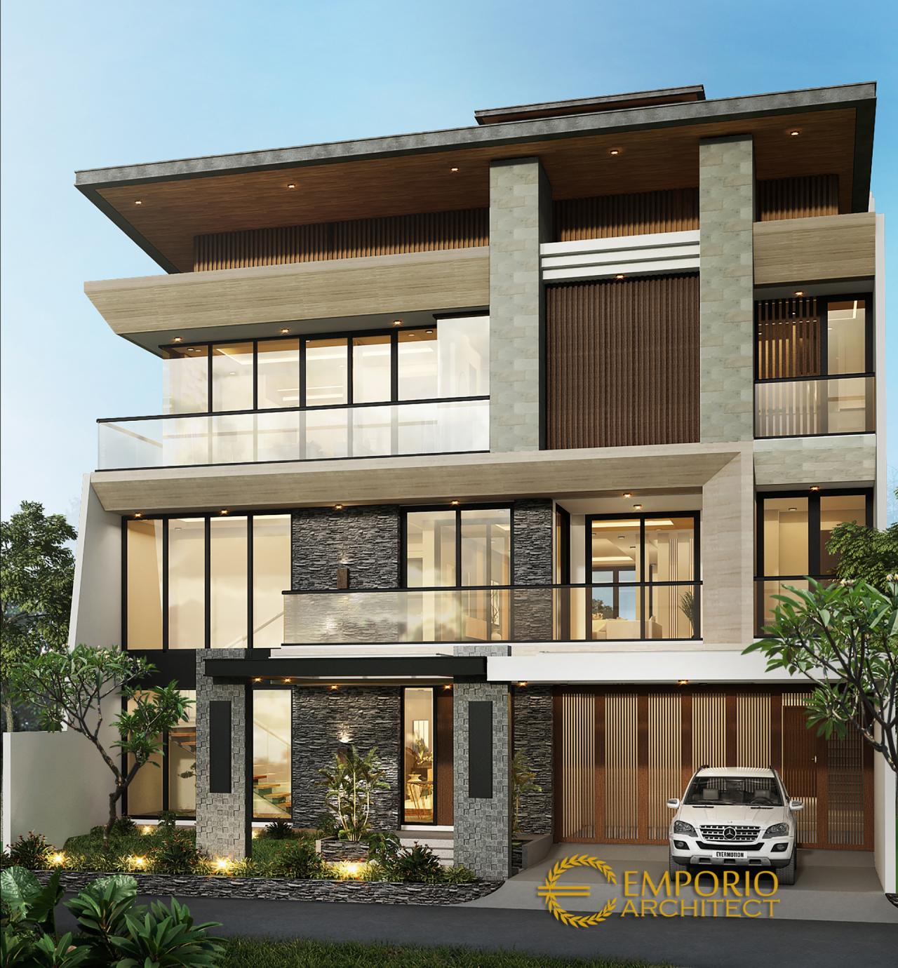Desain Tampak Depan 1 Rumah Modern 3 Lantai Bapak James di Jakarta 1