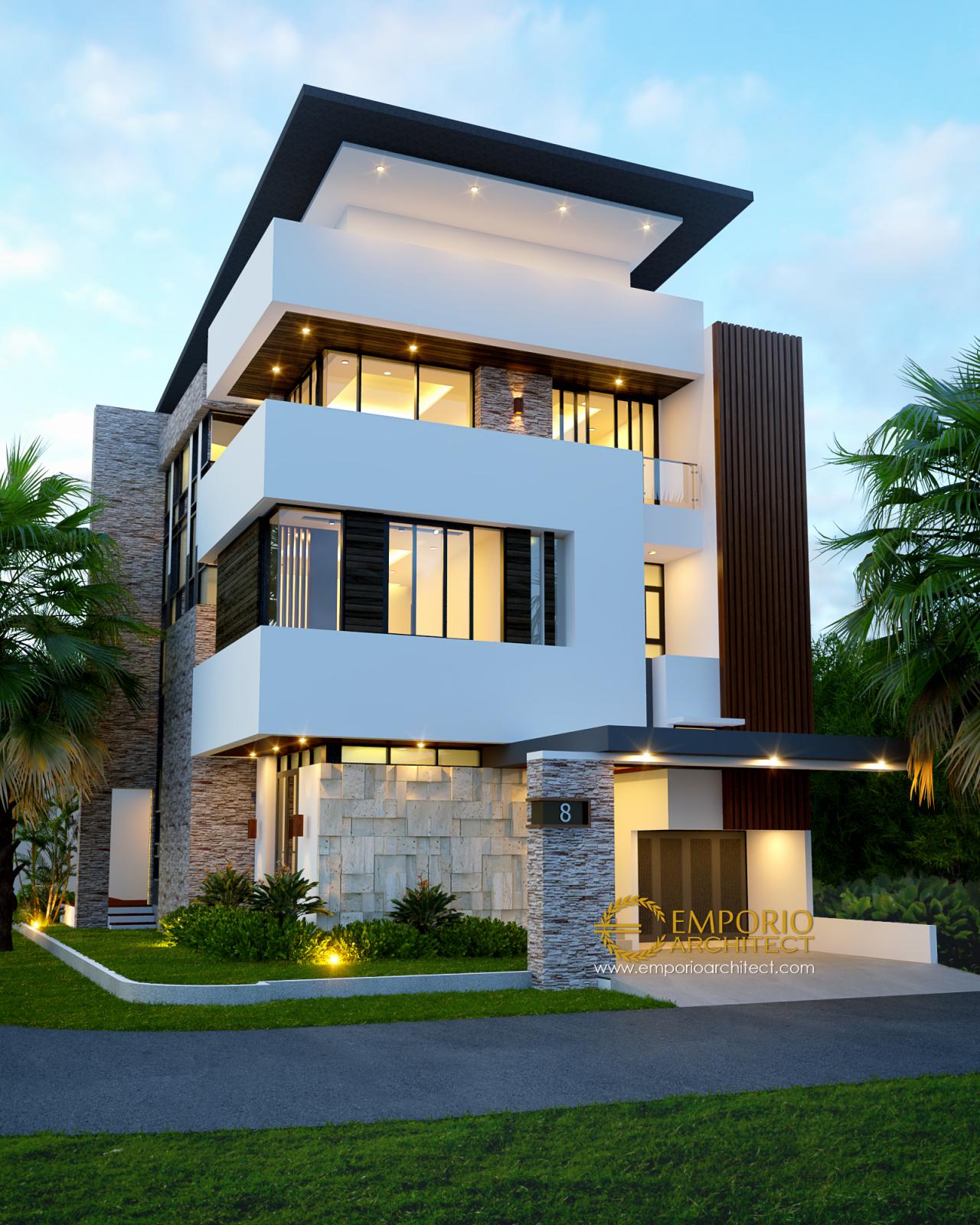 Desain Tampak Depan Rumah Hook Modern 3 Lantai Bapak Muhammad di Jakarta 1