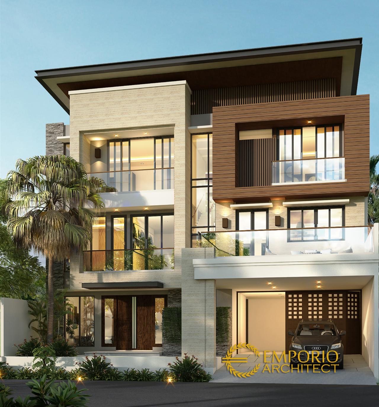 Desain Tampak Depan 1 Rumah Modern Tropis 3 Lantai Ibu Niken di Jakarta Selatan 1