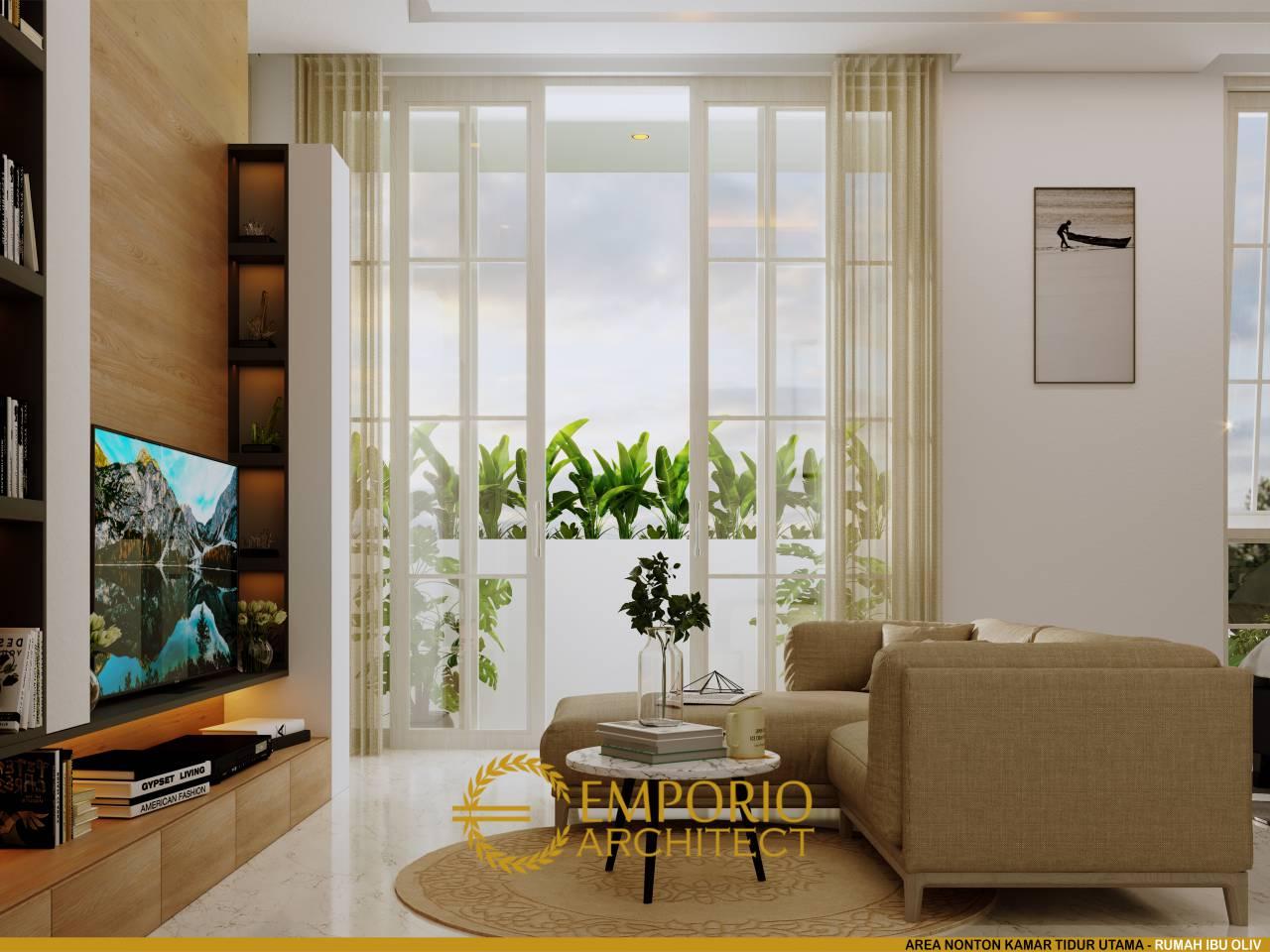 Desain Area Nonton Kamar Tidur Utama Rumah Hook Mediteran 3.5 Lantai Ibu Olive di Jakarta Selatan 9