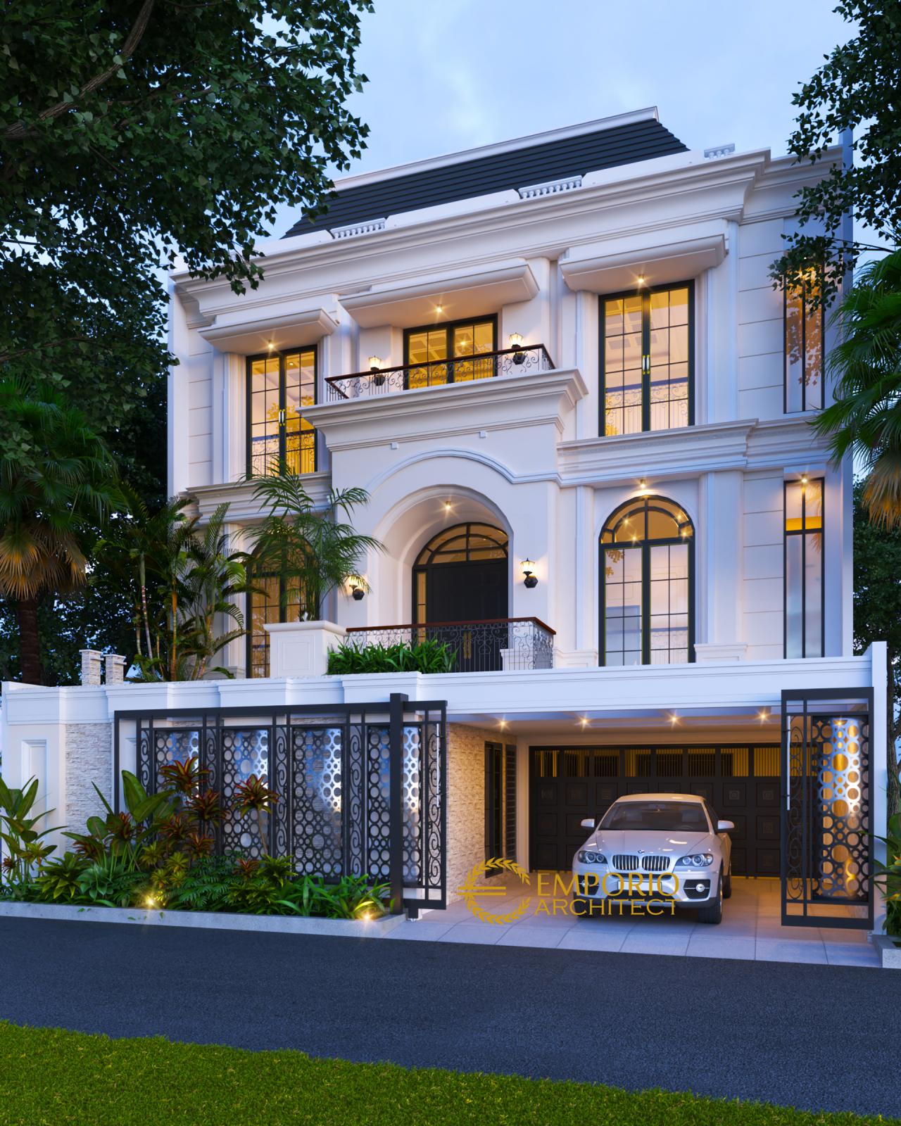 Desain Tampak Depan Rumah Mediteran 3 Lantai Ibu Febe di Rawamangun, Jakarta Timur 1