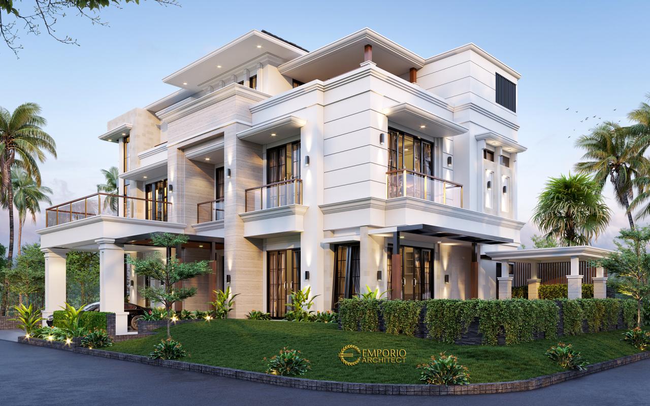 Desain Tampak Belakangan Tanpa Pagar Rumah Classic 3 Lantai Bapak Herry di Tangerang, Banten 2