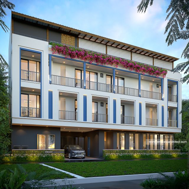 Desain Tampak Depan 2 Co-Living Modern 4 Lantai Bapak HNR di Bali