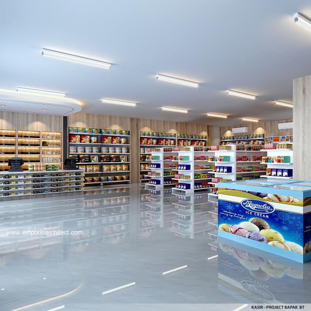 Desain Area Kasir Gedung Dakwah dan Bisnis Mediteran 2 Lantai Bapak BT di Ponorogo, Jawa Timur