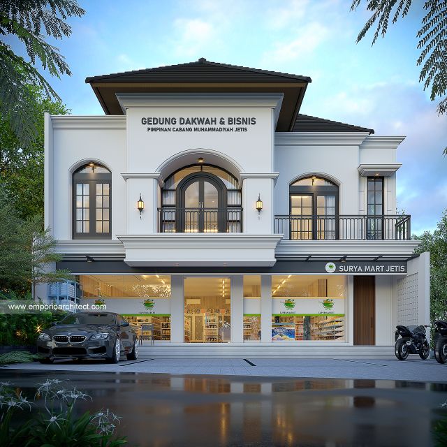 Desain Tampak Depan Gedung Dakwah dan Bisnis Mediteran 2 Lantai Bapak BT di Ponorogo, Jawa Timur