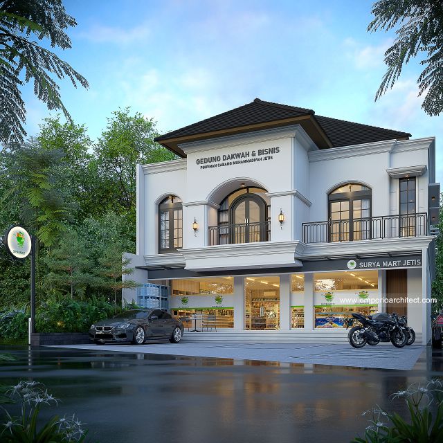 Desain Tampak Depan 2 Gedung Dakwah dan Bisnis Mediteran 2 Lantai Bapak BT di Ponorogo, Jawa Timur