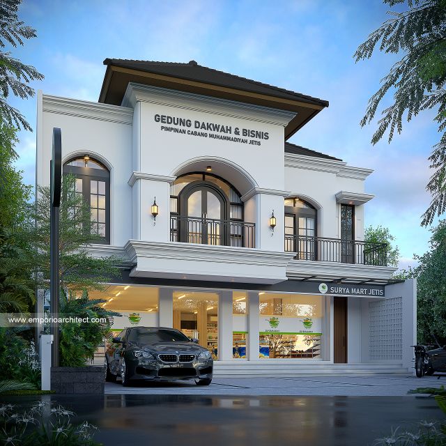 Desain Tampak Depan 3 Gedung Dakwah dan Bisnis Mediteran 2 Lantai Bapak BT di Ponorogo, Jawa Timur