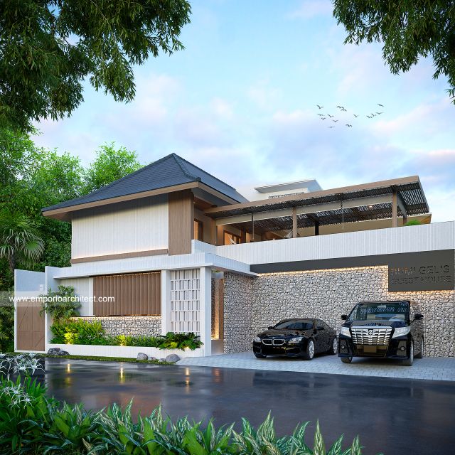 Desain Tampak Depan Guest House Modern 3 Lantai Ibu NKN di Ungasan, Badung, Bali