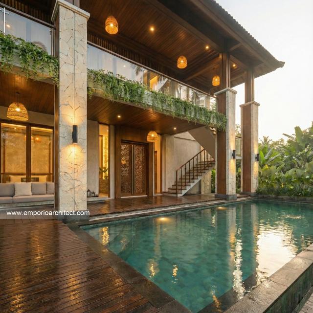 Desain Tampak Detail Depan Guest House Villa Bali Modern 2 Lantai Bapak AN di Padang