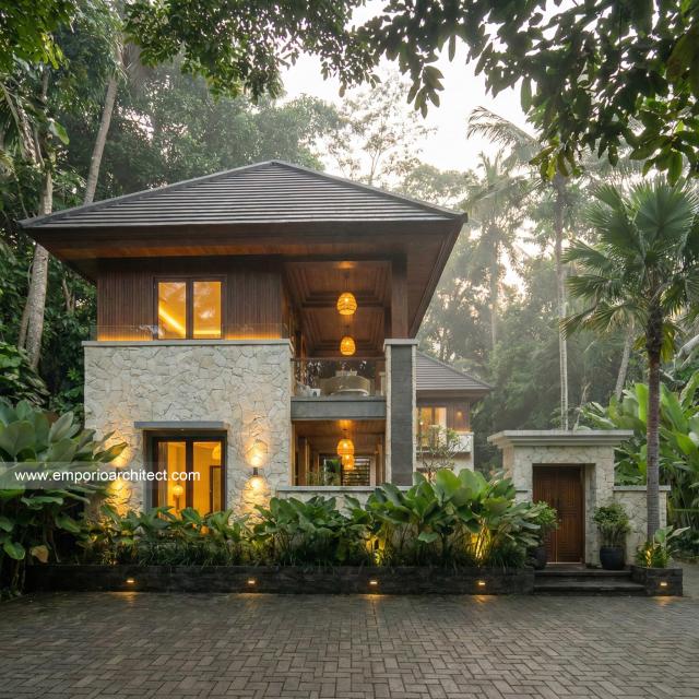 Desain Tampak Depan Dengan Pagar Guest House Villa Bali Modern 2 Lantai Bapak AN di Padang