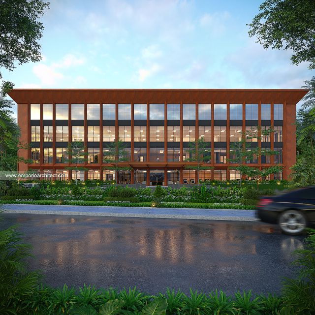 Desain Tampak Depan 2 Kantor Modern 4 Lantai PT. KMI di Makassar