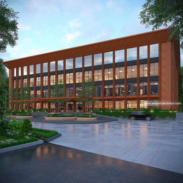 Desain Tampak Depan 3 Kantor Modern 4 Lantai PT. KMI di Makassar