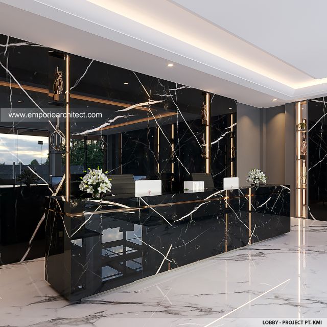 Desain Lobby Kantor Modern 4 Lantai PT. KMI di Makassar