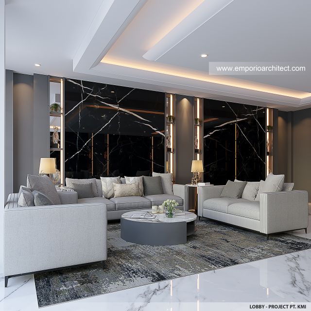 Desain Lobby Kantor Modern 4 Lantai PT. KMI di Makassar
