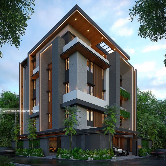 Desain Tampak Hook Kost dan Rumah Modern 5 Lantai Bapak IWD di Palembang