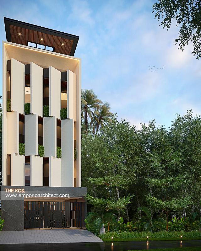 Desain Tampak Depan Dengan Pagar Kost Modern Minimalis 5 Lantai Bapak AHM di Jakarta