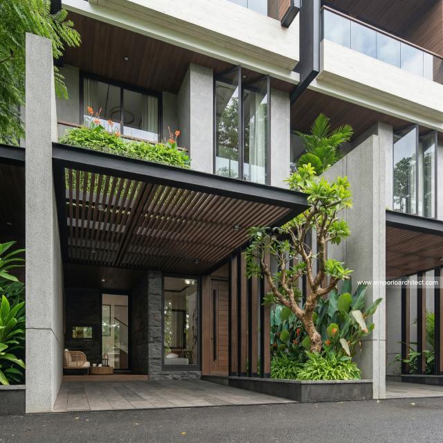 Desain Tampak Detail Depan Perumahan Modern 3 Lantai Bapak AWB di Slipi, Palmerah, Jakarta Barat