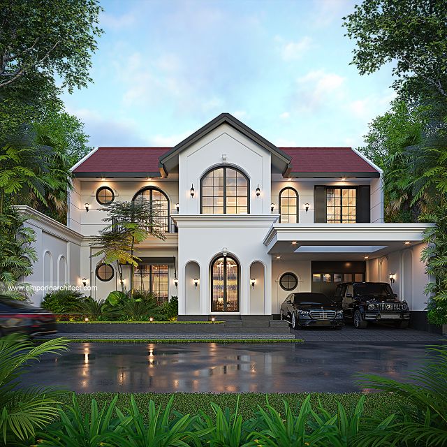 Desain Tampak Depan Rumah American Klasik 2 Lantai Ibu DNA di Bandung