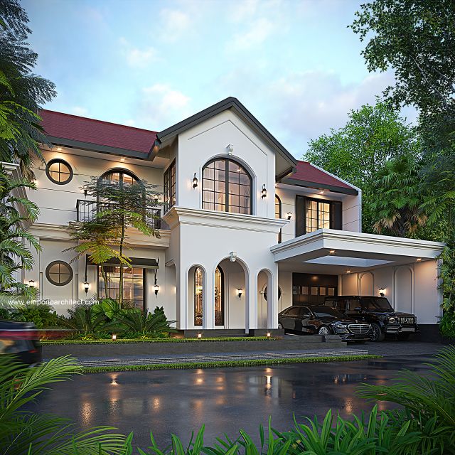 Desain Tampak Depan 2 Rumah American Klasik 2 Lantai Ibu DNA di Bandung