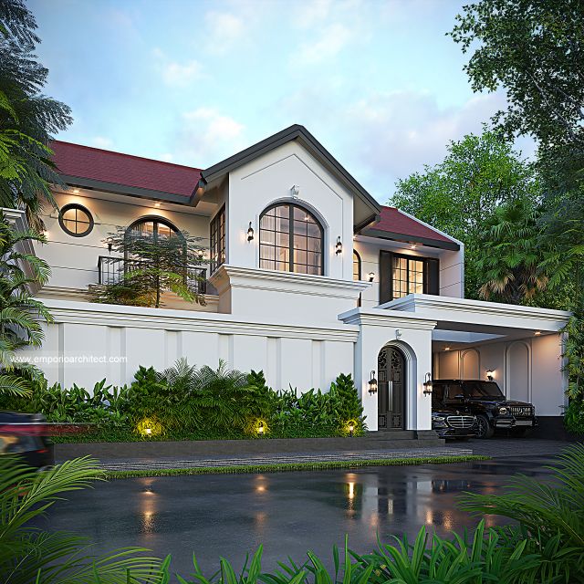 Desain Tampak Depan Dengan Pagar Rumah American Klasik 2 Lantai Ibu DNA di Bandung